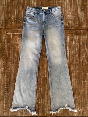 Risen - High-Rise Light Blue Flare Jeans with Frayed Hem - Size 7/28